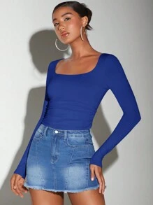 SHEIN BAE Camiseta De Manga Larga Con Cuello Cuadrado Para Mujer - azul real - Ver 4