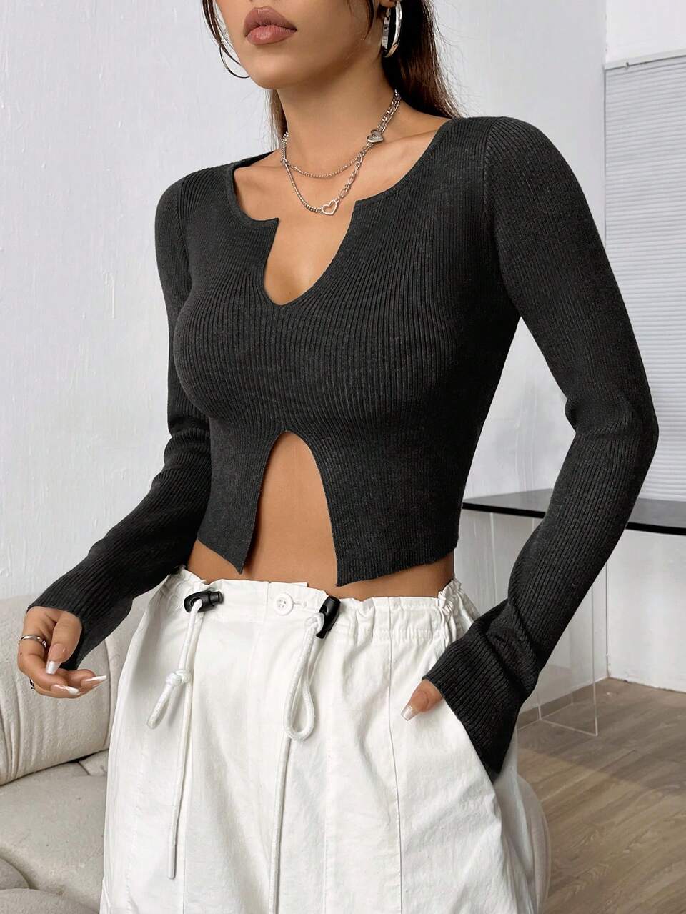 Women Solid Color Asymmetrical Ribbed Pullover Knit Pullover Fall Winter Sweater