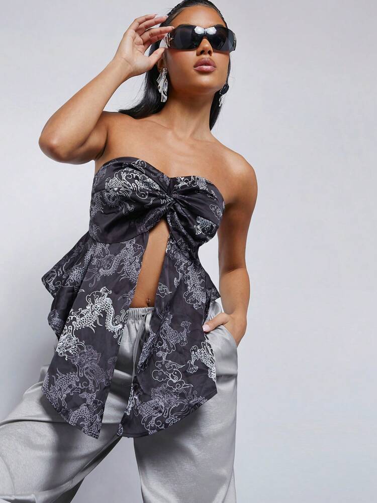 Dragon Print Twist Front Slit Hem Fashion Tube Top