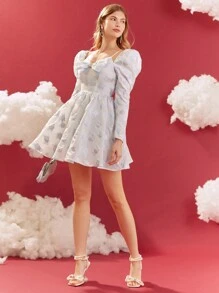 Enchnt Bowknot Decoration Puff Sleeve Embossed Dress - Blue and White - View 4