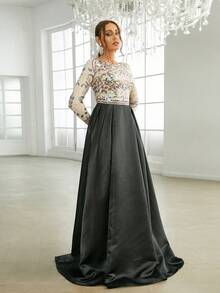Missord Váy dạ hội đính sequin hoa màu đen thanh lịch dài tay trang trọng cho tiệc cưới, dự tiệc tốt nghiệp, tiệc tối - màu đen - Xem 4