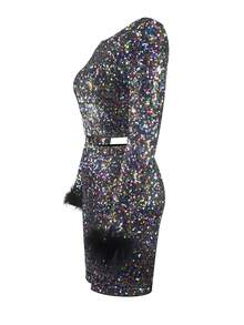2pcs Women Solid Color Round Neck Long Sleeve Sequin Cropped Top And Bodycon Mini Skirt Fashion Set - Multicolor - View 3