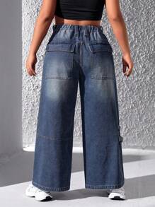 SHEIN ICON Plus Size High Waist Straight Leg Cargo Jeans - Dark Wash - View 2