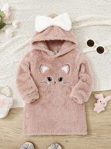 SHEIN Baby Girls' Casual Cat Embroidery Hooded Dress With Thermal Lined - Pink - View 1