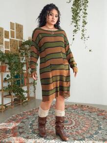 ROMWE PUNK Plus Size Striped Sweater Dress With Drop Shoulder And Distressed Detail - Multicolor - View 5