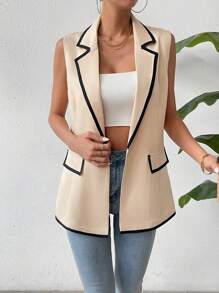 SHEIN Privé Của phụ nữ Tương phản Màu sắc Vòng cổ Mở Mặt trước Áo khoác Vest Áo khoác - Màu be - Xem 5