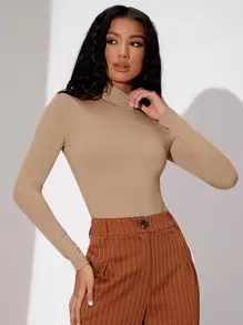 SHEIN BAE Của phụ nữ Đứng cổ áo Tay áo dài Áo liền quần chặt - Màu Khaki - Xem 3