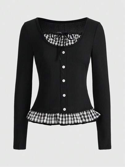 Kawaii Ladies' Himekaji Retro Sweet 2 In 1 Plaid Patchwork Long Sleeve T-Shirt, School