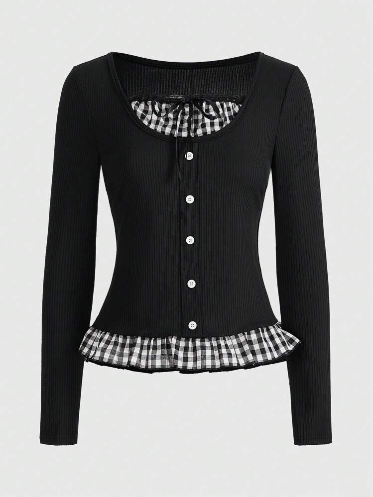 ROMWE Kawaii 여성용 히메카지 레트로 스윗 2 합 1 체크 패치워크 긴팔 티셔츠, 학교