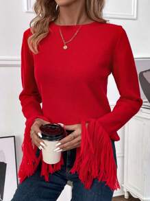 SHEIN LUNE Của phụ nữ Tua Cổ tay áo Áo len - Đỏ - Xem 5