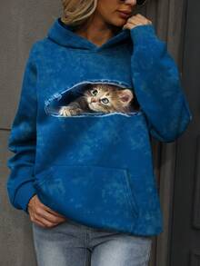 猫咪印花袋鼠口袋落肩连帽衫 - 青碧色 - 查看 5