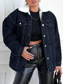 EURMUSE Borg Collar Drop Shoulder Flap Detail Denim Coat - Dark Wash - View 1