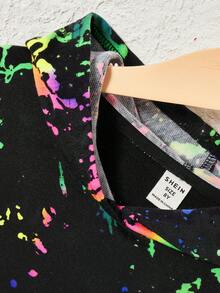 SHEIN 少女休闲街头风撞色泼墨印花卫衣 - 黑色 - 查看 3