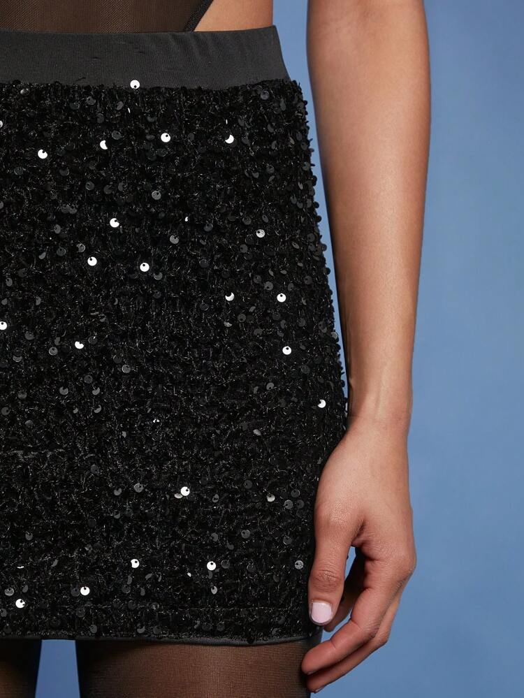 Sequin Sheer Mesh Bodysuit & Skirt Two Piece Set