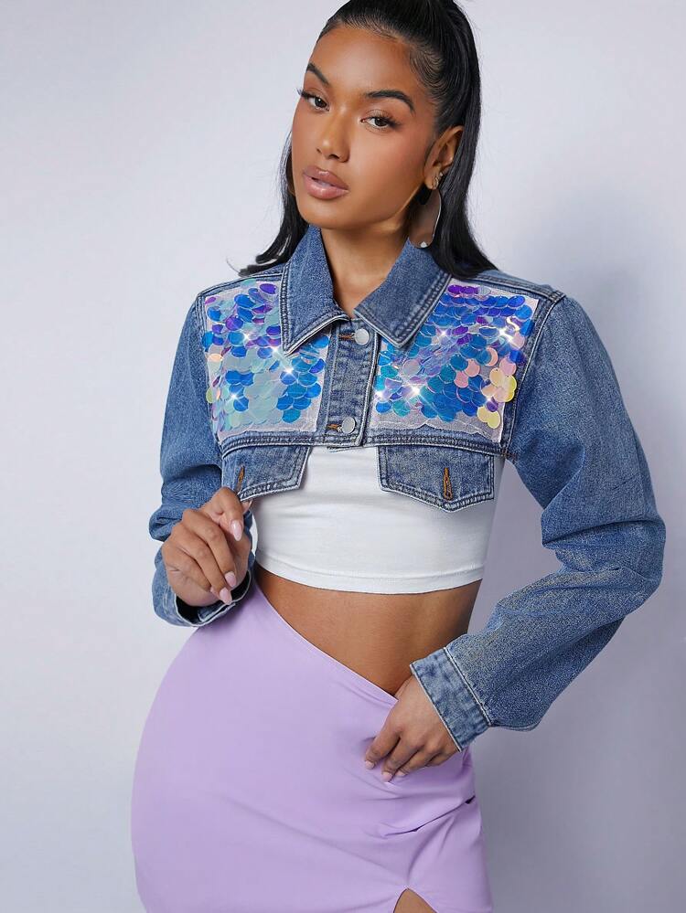 Sequin Flap Crop Denim Jacket