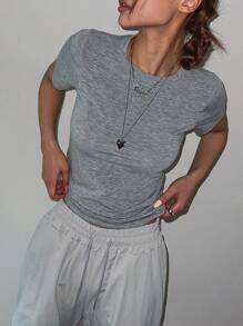 DAZY 女款圆领短袖T恤、短款上衣 - 灰色 - 查看 8