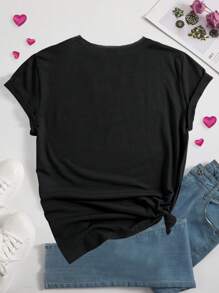 女款短袖粉紅心型印花圓領 T 卹 - 黑色 - 查看 2