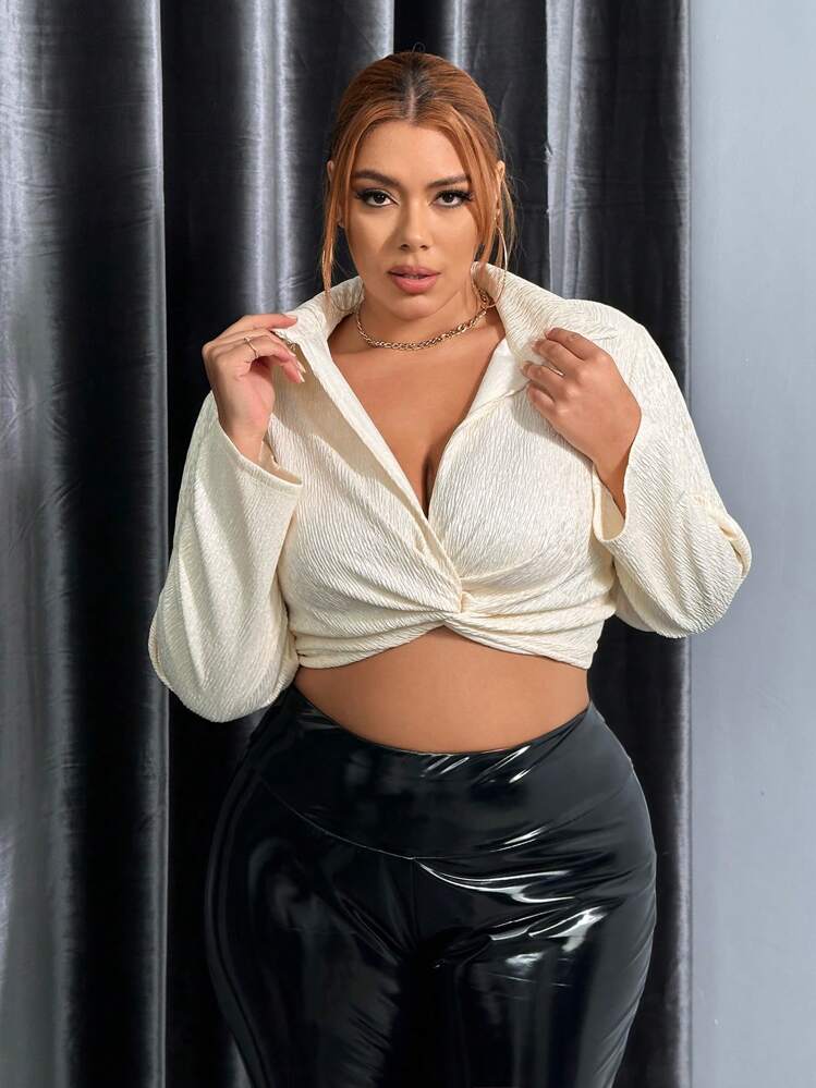 SHEIN SXY Kích thước lớn Màu thuần Tay áo dài Xoắn Nút Áo sơ mi - Màu vàng - Xem 1
