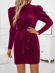 SHEIN Clasi 羊腿袖腰帶半高領天鵝絨連身裙 - 中紫紅色 - 查看 3