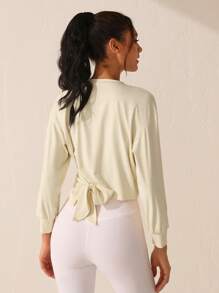 SHEIN Sports Women's Solid Color Round Neck Wrap Front Pleated Athletic Sweatshirt - Apricot - View 9