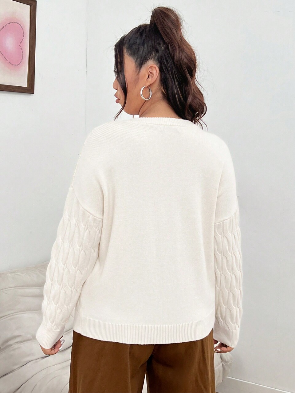 Plus Size Women'S Cable Knit Sweater With Drop Shoulders