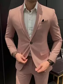 Calvornis Men 1pc Solid Lapel Neck Button Front Blazer & 1pc Suit Pants - Hot Pink - View 6