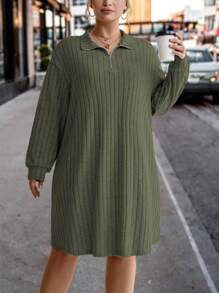 SHEIN CURVE+ Của phụ nữ Kích thước lớn Sọc Thả vai Đầm Với Quay xuống Vòng cổ - xanh quân đội - Xem 1