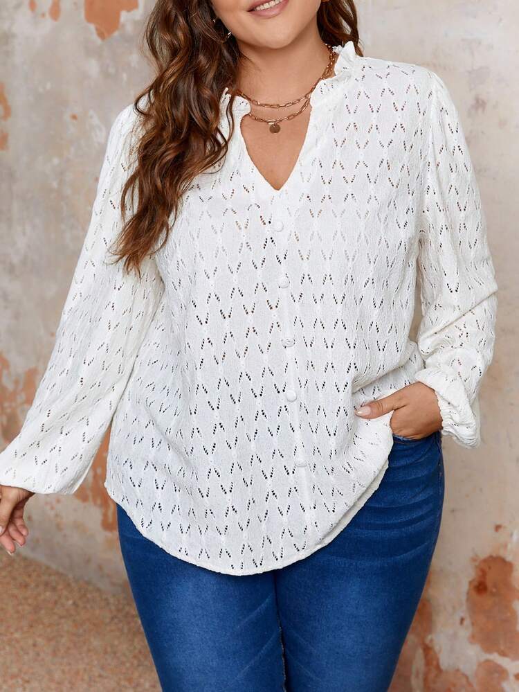 Plus Size Embroidery Detail Cutout Neckline Eyelet Lace Hem Blouse