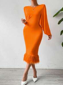 SHEIN Privé 女款純色圓領長袖拼縫開衩連身裙 - 亮橙色 - 查看 4
