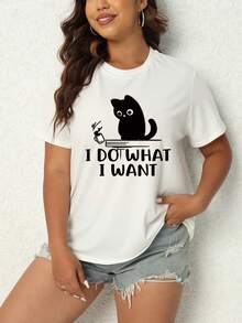 SHEIN LUNE 女大尺碼貓和字母印花短袖 T 卹 - 白色 - 查看 6