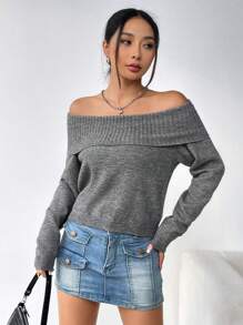 Flirla Solid Color Ribbed Off Shoulder Long Sleeve Knit Pullover Fall Winter Sweater - Grey - View 6