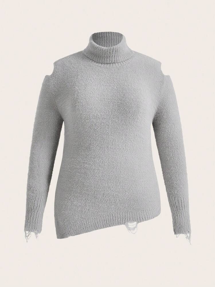 Plus Turtleneck Cut Out Shoulder Asymmetrical Split Hem Distressed Trim Sweater