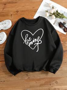 SHEIN EZwear Kích thước lớn Của phụ nữ In chữ cái và hình trái tim Lông cừu Áo chui đầu Áo nỉ - màu đen - Xem 3