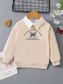 SHEIN 年輕女孩蝴蝶標語印花彩色拼接領口套頭衫 - 杏色 - 查看 1