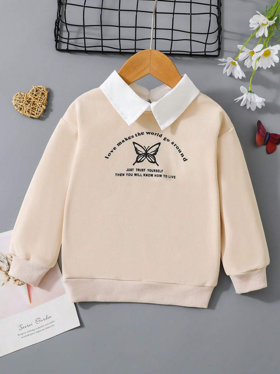 SHEIN 年輕女孩蝴蝶標語印花彩色拼接領口套頭衫 - 杏色 - 查看 1