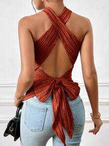 SHEIN Essnce 女士鏈扣無背心領上衣 - 紅木色 - 查看 3