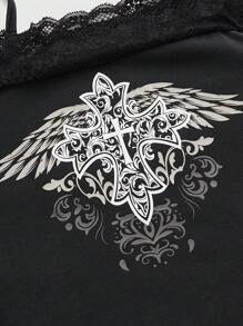 ROMWE Fairycore Cross & Wing Print Lace Patchwork Off Shoulder T-shirt