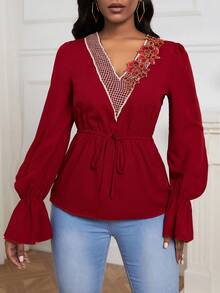 SHEIN LUNE Vá lại Thêu Vòng cổ Hoa Áo sơ mi - Đỏ - Xem 5