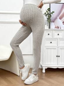 SHEIN 孕婦純色針織條紋彈力褲,可調節腰圍 - 杏色 - 查看 4