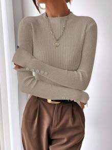 BizChic Mock Neck Ribbed Knit Split Cuff Sweater,Long Sleeve Tops In Fall/Winter - Camel - View 6