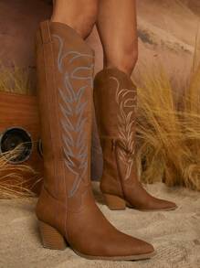 SHUZIA Point Toe Embroidery Knee-high Boots - Brown - View 6