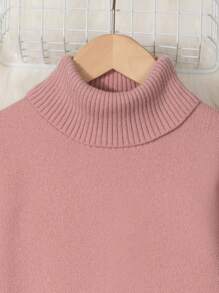 SHEIN 女童大童純色高領毛衣連身裙 - 粉色 - 查看 4