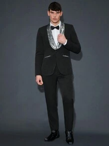 Manfinity VCAY Men's Contrast Shawl Collar Single-breasted Suit Jacket And Pants Two-piece Set - Black - View 5