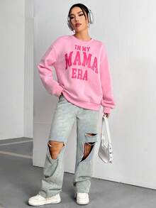 SHEIN Unity In thư Thả vai Áo nỉ - Hồng - Xem 3