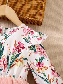 SHEIN 女孩休閒可愛荷葉邊長袖圓領泡泡裙,時尚花卉印花布拼接公主裙,兒童春秋裝 - 彩色 - 查看 7