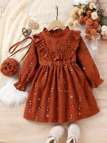 SHEIN Nhỏ bé Cô gái In hoa Đầm Với Ren Chi tiết Và Phù hợp Cái túi Đã Bao gồm - Cà phê - Xem 1