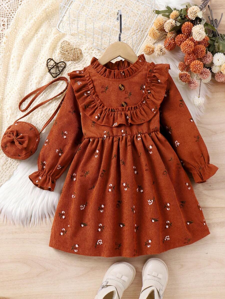 SHEIN Nhỏ bé Cô gái In hoa Đầm Với Ren Chi tiết Và Phù hợp Cái túi Đã Bao gồm - Cà phê - Xem 1