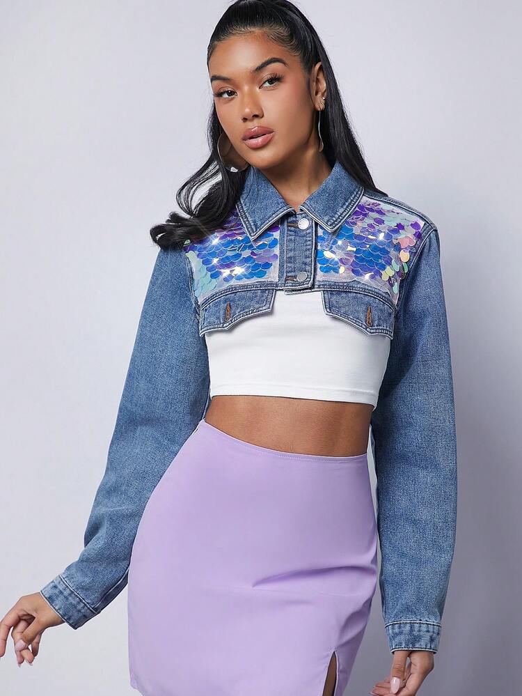 Sequin Flap Crop Denim Jacket