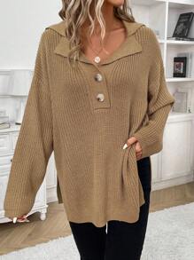 SHEIN Frenchy Women's Solid Color Drop Shoulder Sweater Winter - Apricot - View 3