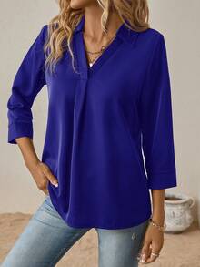 SHEIN Clasi 純色v領領口襯衫 - 寶藍色 - 查看 5